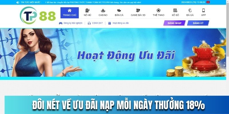 Khái quát về ưu đãi nạp tiền mỗi ngày thưởng 18% tại nhà cái TP88