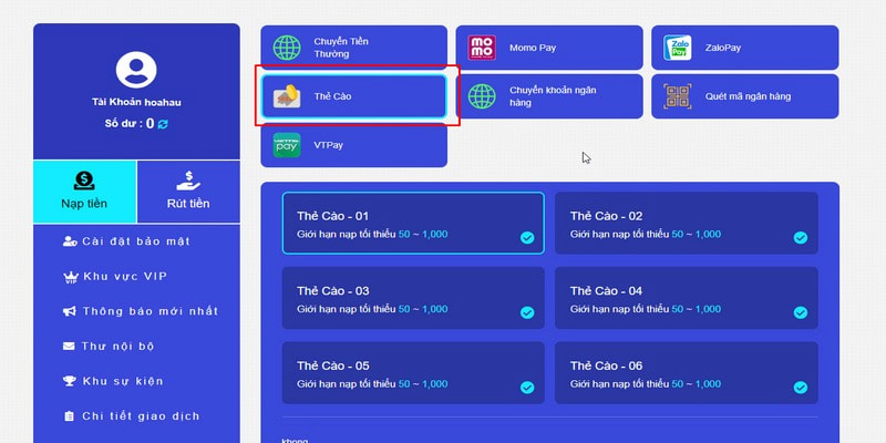 Thẻ cào cũng là một phương thức giao dịch được người chơi tại TP88 sử dụng 