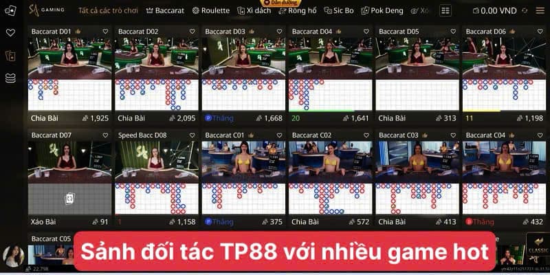 Sảnh đối tác của TP88 mang đến nhiều trò chơi nổi bật